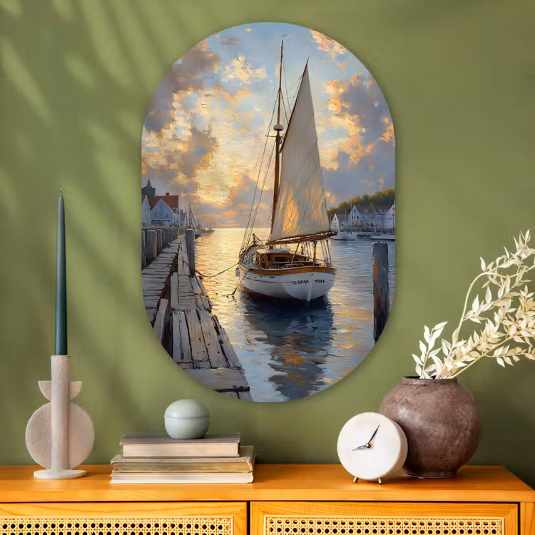 Muurovaal - Glas - Zeilboot - Zon - Pier - Hout — 2