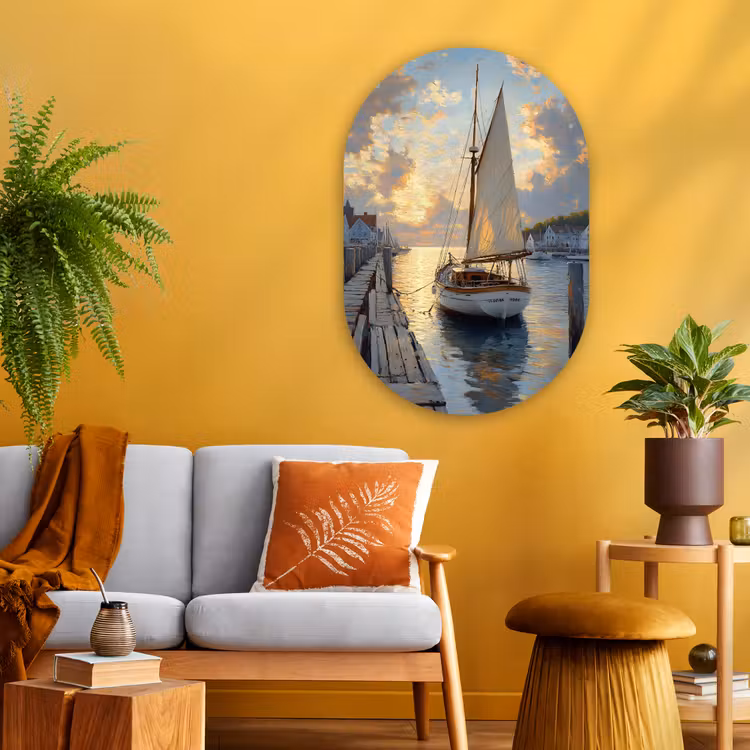 Muurovaal - Glas - Zeilboot - Zon - Pier - Hout — 3