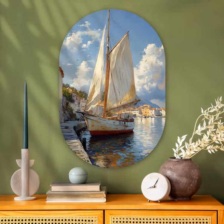 Muurovaal - Glas - Zeilschip - Huizen - Kade - Zee — 2