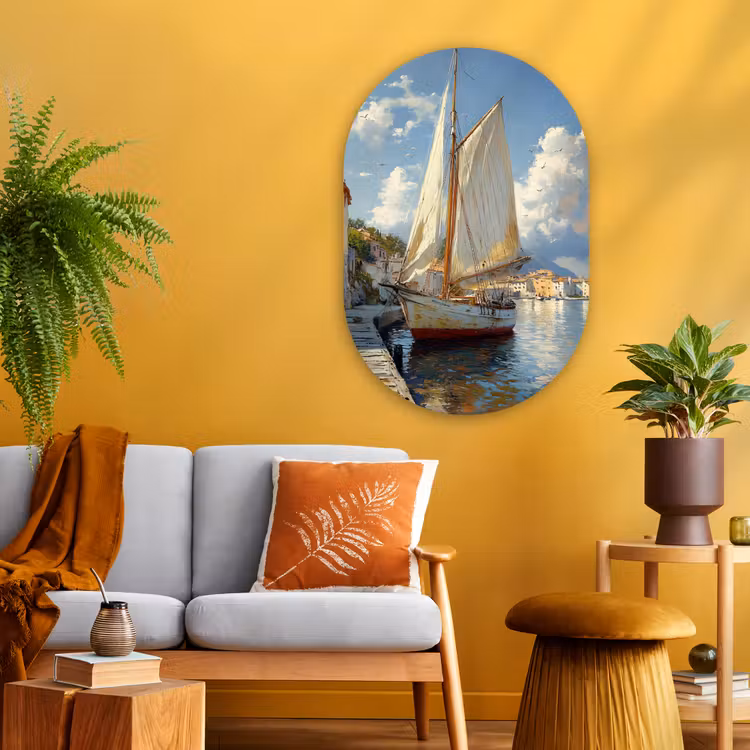 Muurovaal - Glas - Zeilschip - Huizen - Kade - Zee — 3
