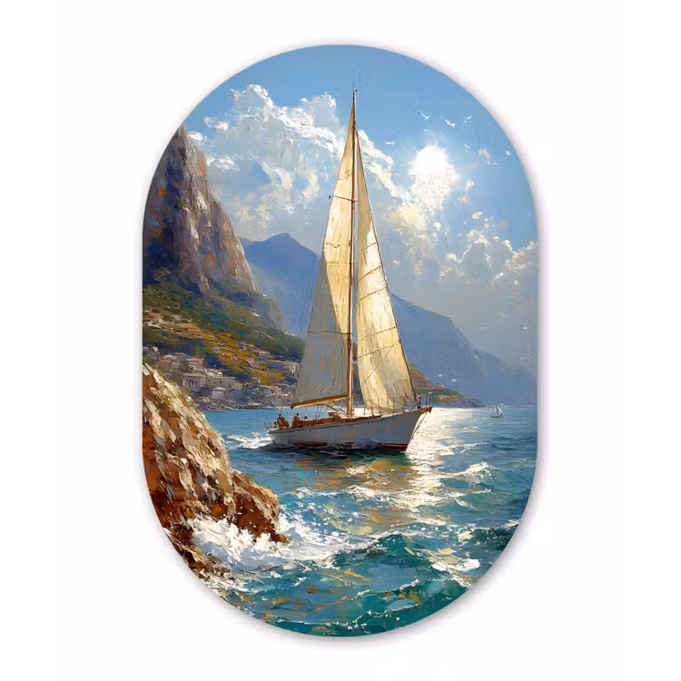 Muurovaal - Glas - Zeilschip - Zee - Rotsen - Wolken — 1