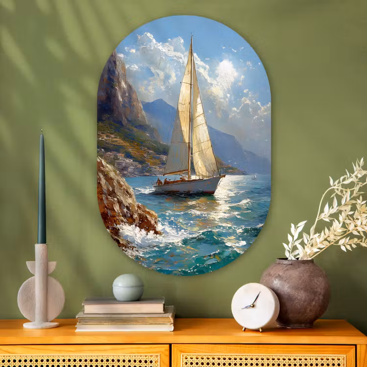 Muurovaal - Glas - Zeilschip - Zee - Rotsen - Wolken — 2