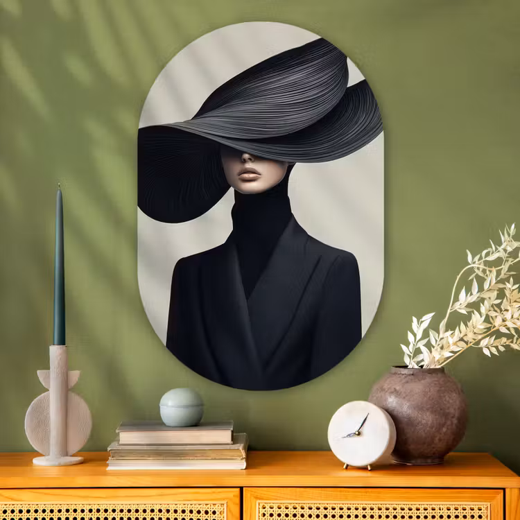Muurovaal - Glas - Zwart - Vrouw - Hoed — 2