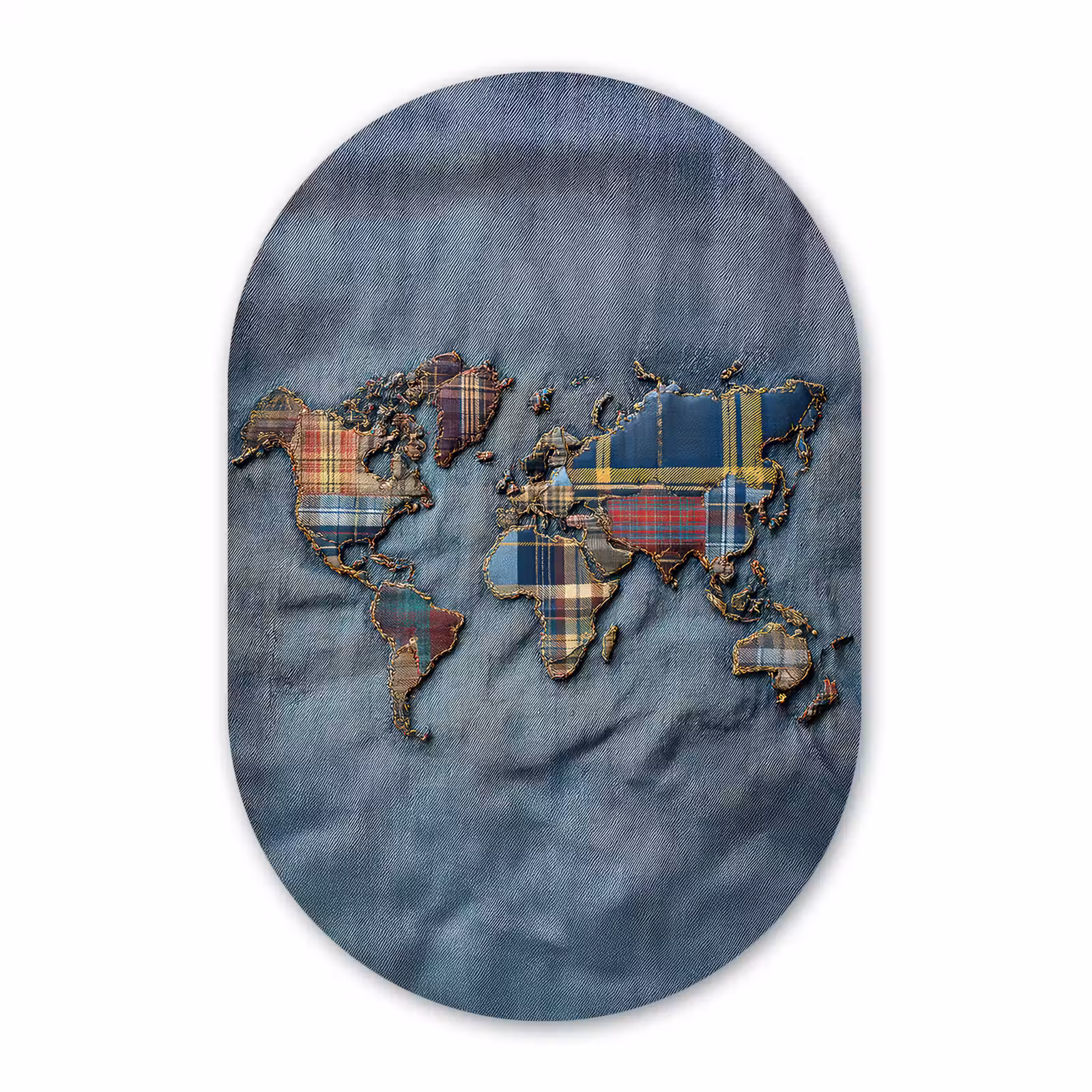 Muurovaal - Glas - Wereldkaart - Denim - Textiel — 1