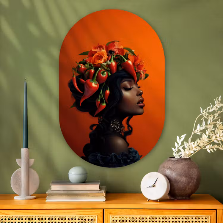 Muurovaal - Glas - Vrouw - Chilipepers - Pepers - Bloemen — 2