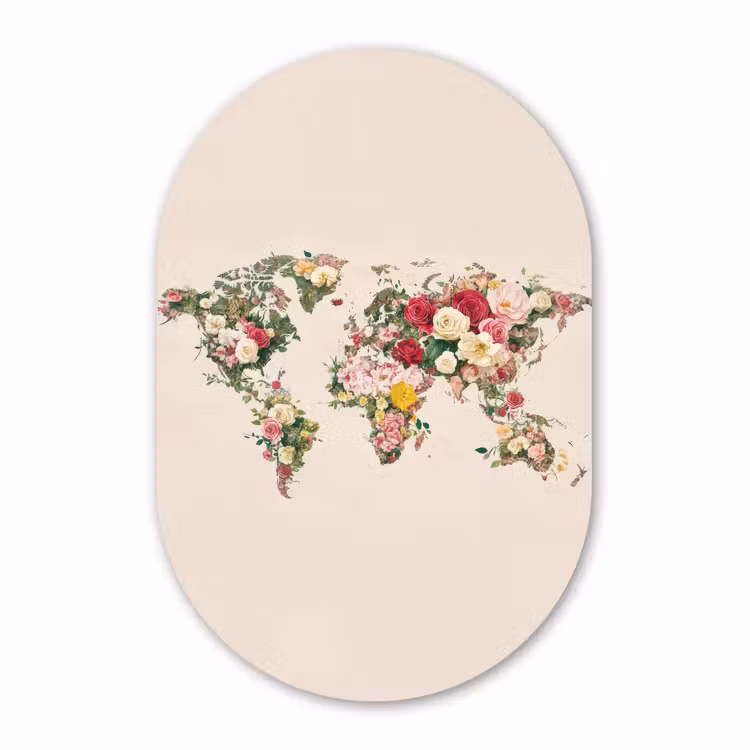 Muurovaal - Glas - Wereldkaart - Bloemen - Roze — 1