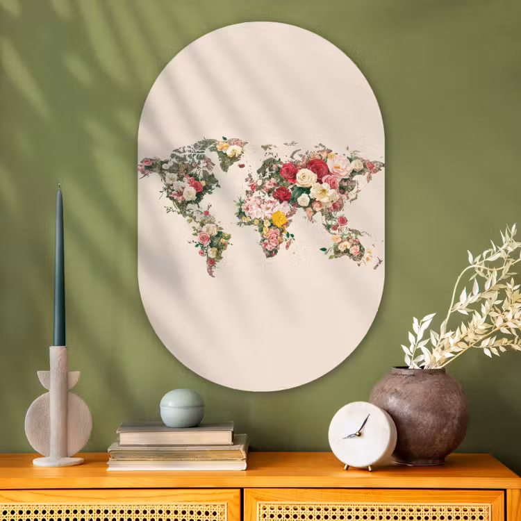 Muurovaal - Glas - Wereldkaart - Bloemen - Roze — 2