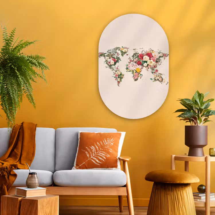 Muurovaal - Glas - Wereldkaart - Bloemen - Roze — 3
