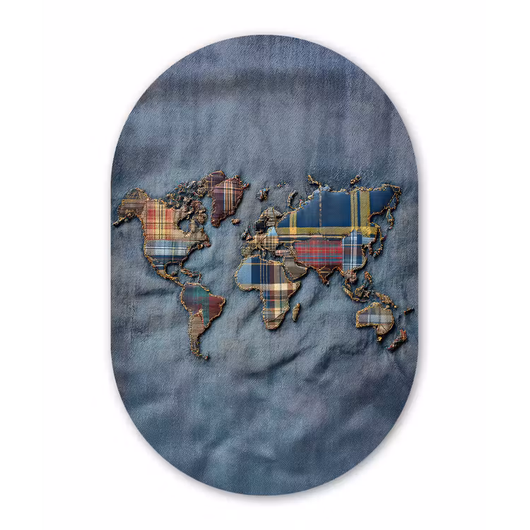 Muurovaal - Glas - Wereldkaart - Denim - Textiel — 1