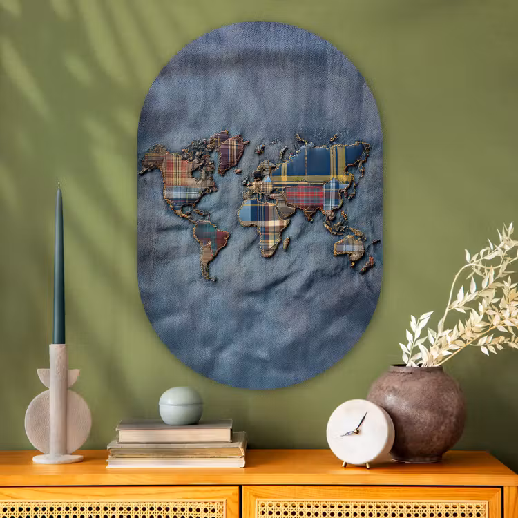 Muurovaal - Glas - Wereldkaart - Denim - Textiel — 2