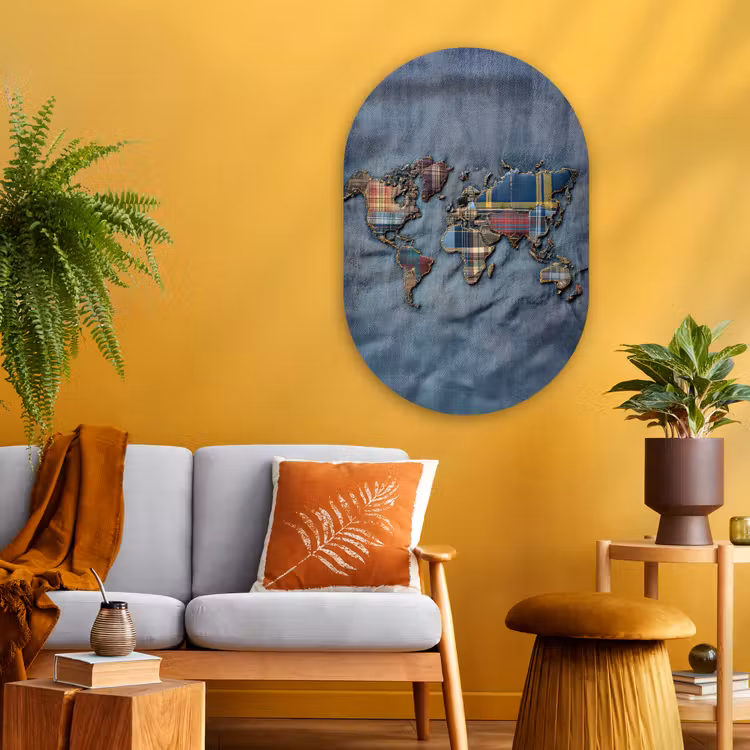 Muurovaal - Glas - Wereldkaart - Denim - Textiel — 3