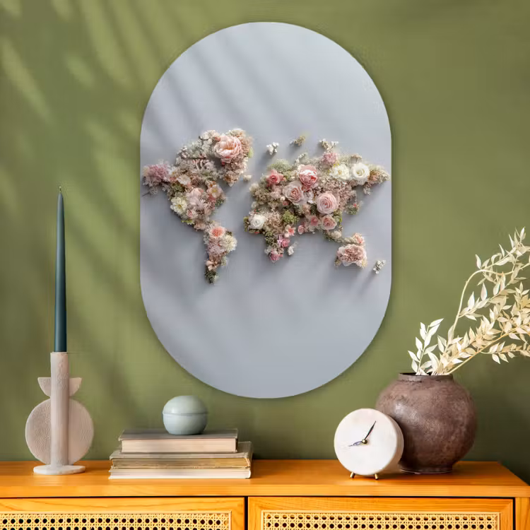 Muurovaal - Glas - Wereldkaart - Rozen - Roze — 2