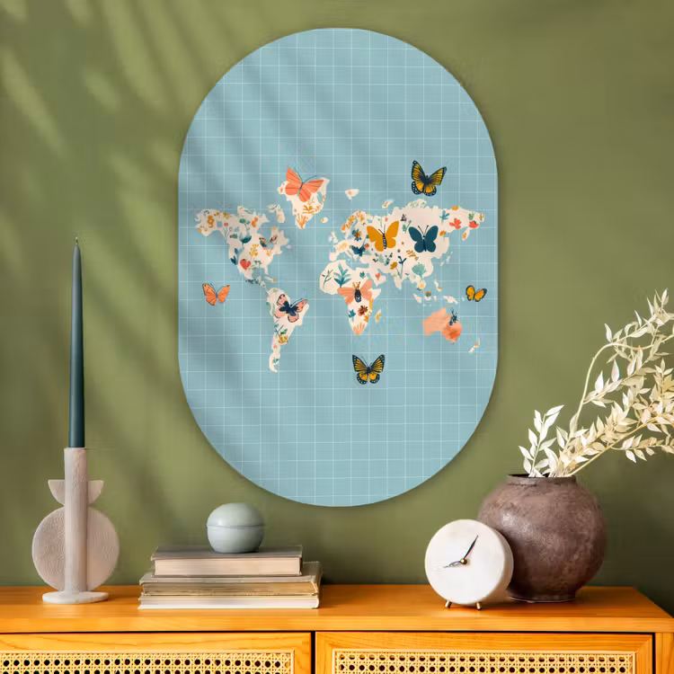 Muurovaal - Glas - Wereldkaart - Vlinders - Dromerig — 2