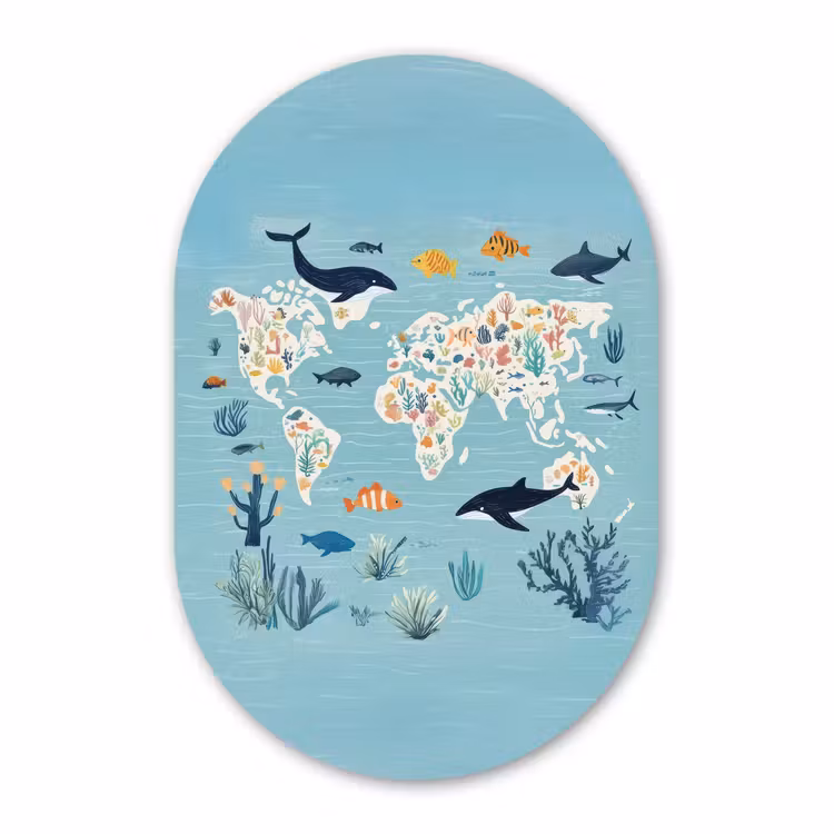 Muurovaal - Glas - Wereldkaart - Zeeleven - Blauw — 1