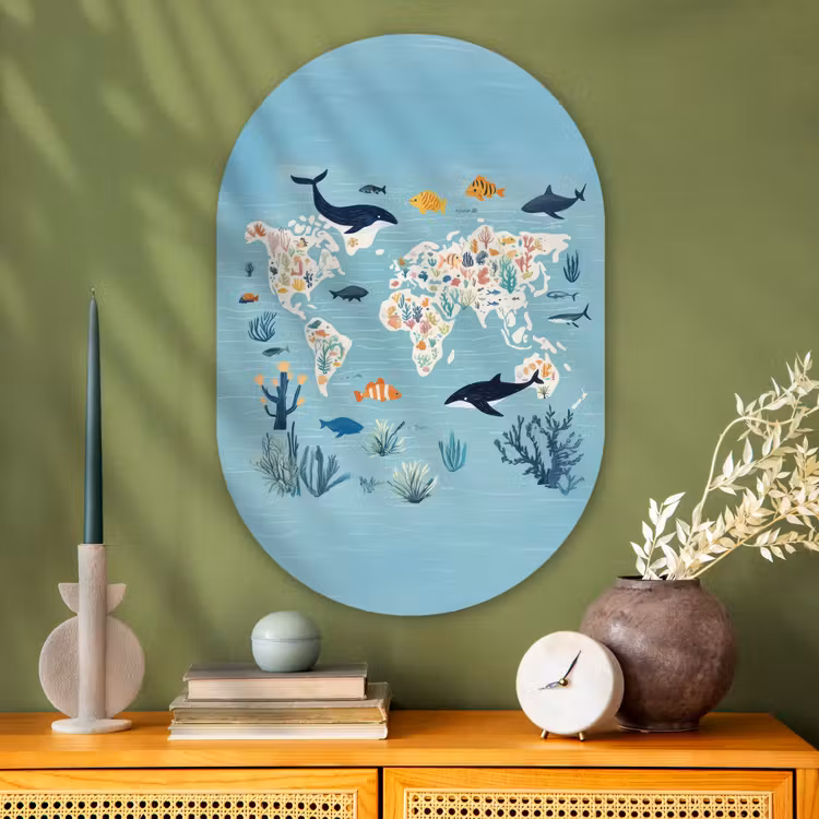 Muurovaal - Glas - Wereldkaart - Zeeleven - Blauw — 2