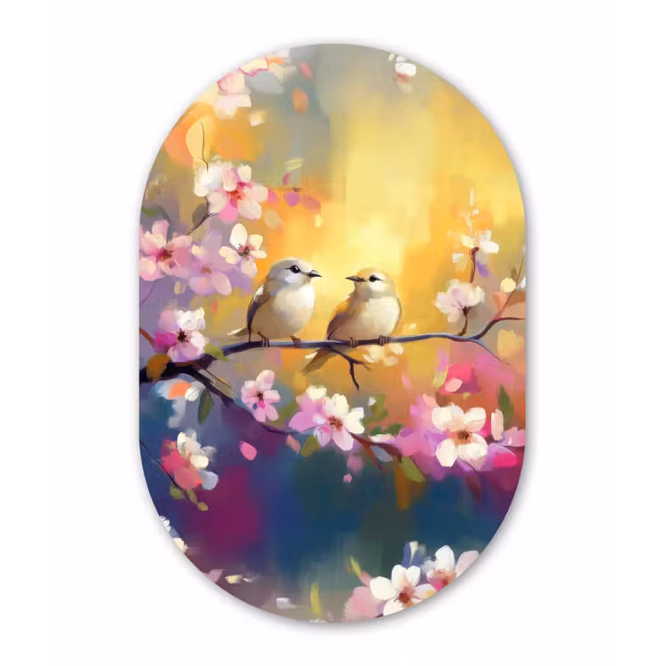 Muurovaal - Glas - Vogels - Bloemen - Roze — 1