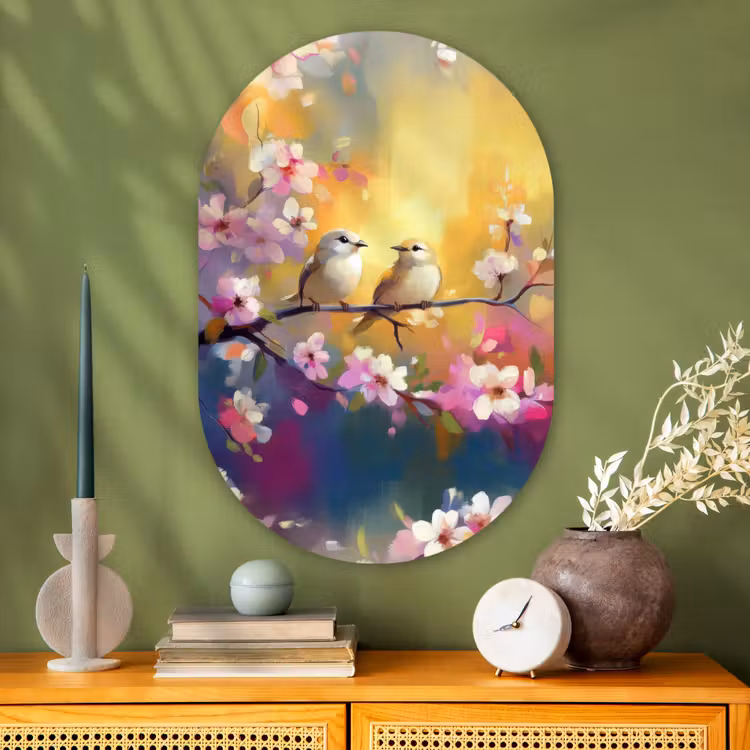 Muurovaal - Glas - Vogels - Bloemen - Roze — 2