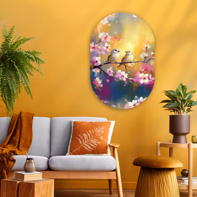 Muurovaal - Glas - Vogels - Bloemen - Roze — 3