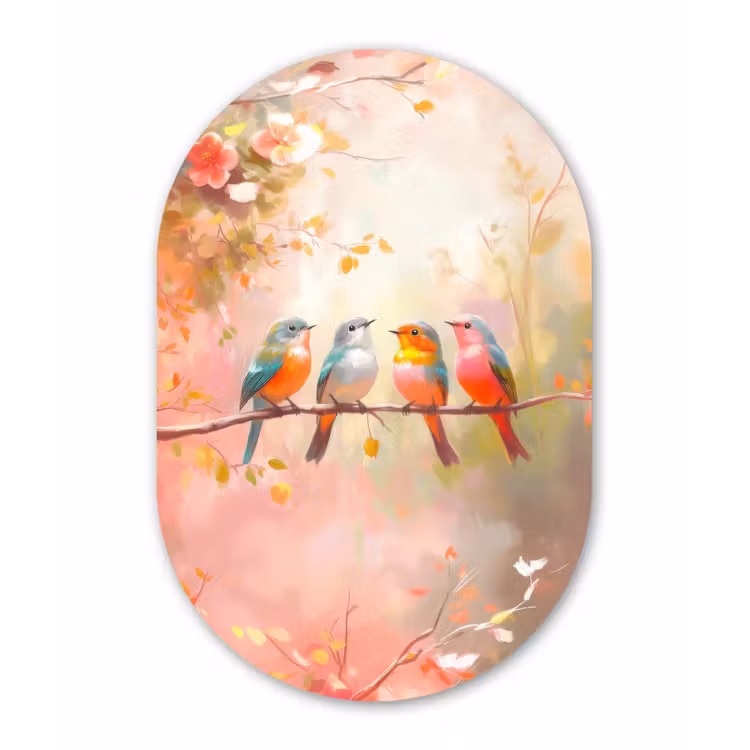 Muurovaal - Glas - Vogels - Kleurrijk - Tak — 1