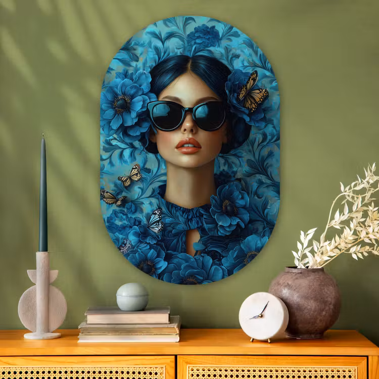 Muurovaal - Glas - Vrouw - Bloemen - Vlinders - Blauw - Abstract — 2