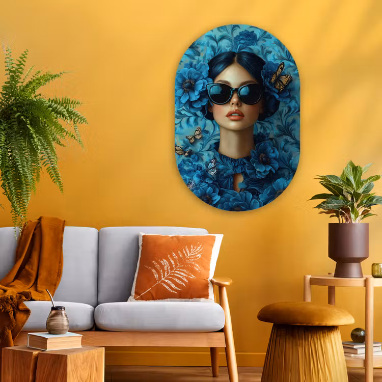 Muurovaal - Glas - Vrouw - Bloemen - Vlinders - Blauw - Abstract — 3
