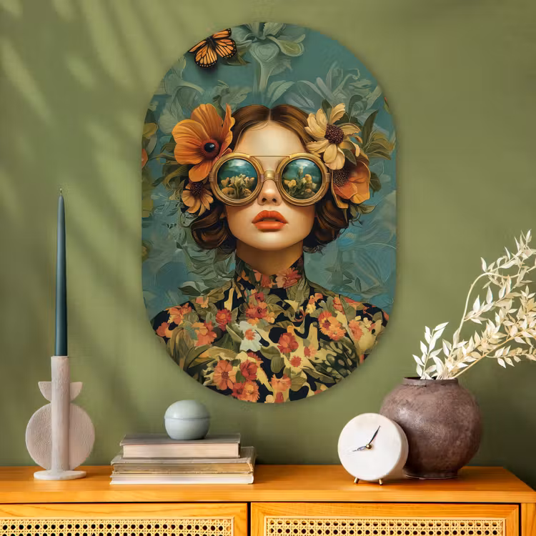 Muurovaal - Glas - Vrouw - Bloemen - Vlinders - Natuur - Vintage — 2