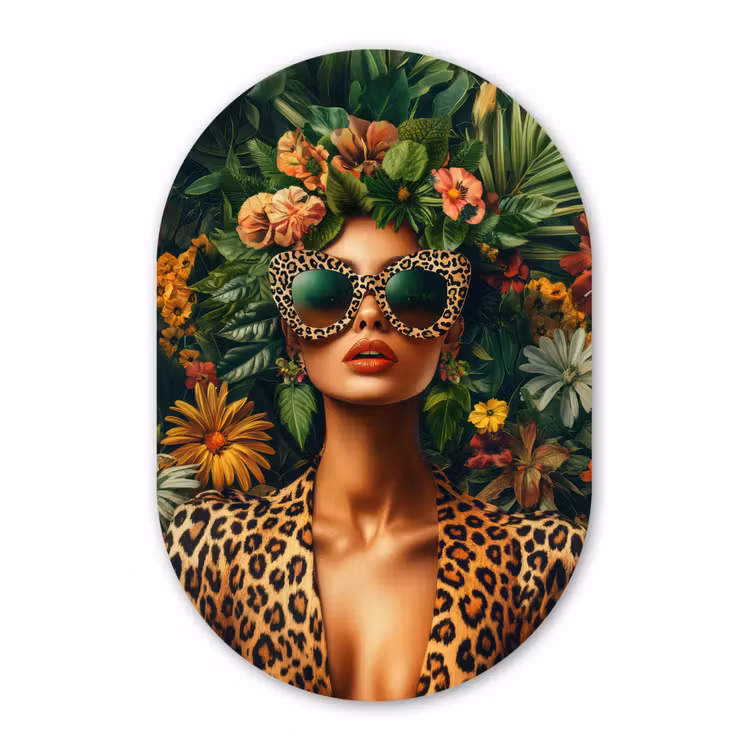 Muurovaal - Glas - Vrouw - Panterprint - Jungle - Natuur - Luxe — 1