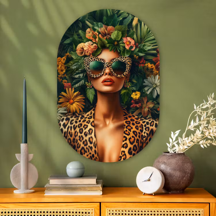 Muurovaal - Glas - Vrouw - Panterprint - Jungle - Natuur - Luxe — 2