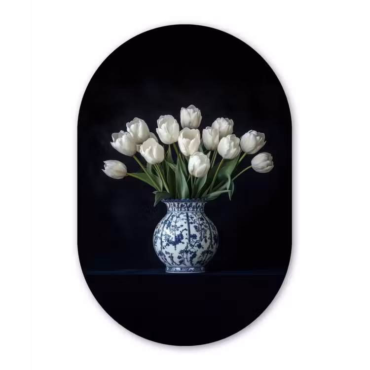 Muurovaal - Glas - Wit - Bloemen - Tulpen - Vaas — 1