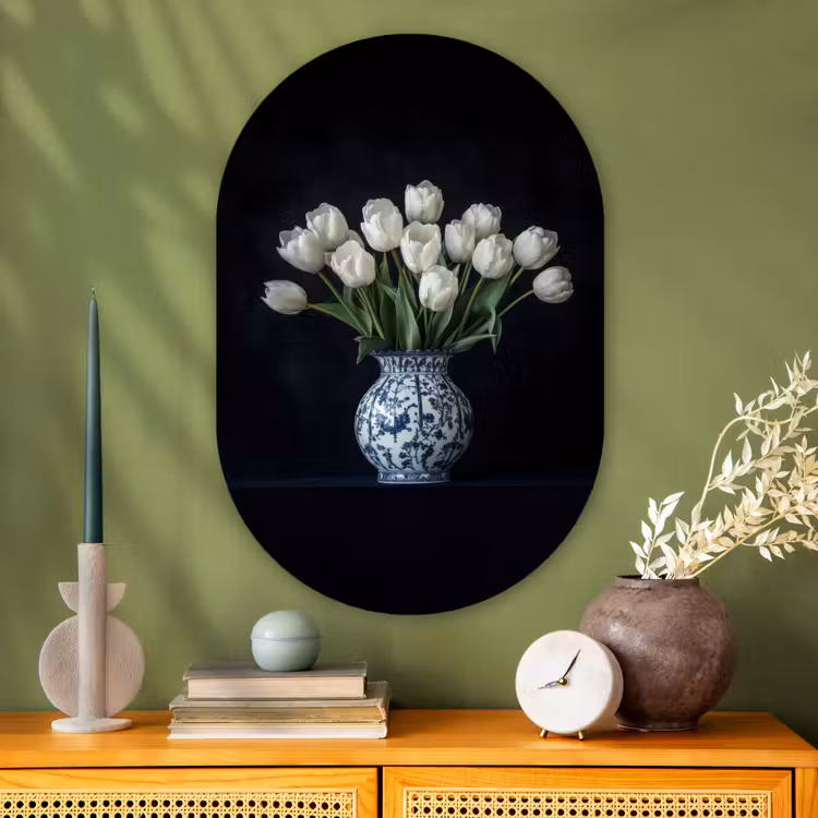 Muurovaal - Glas - Wit - Bloemen - Tulpen - Vaas — 2
