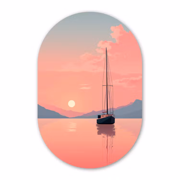 Muurovaal - Glas - Zeilboot - Roze zee - Zonsondergang - Bergen — 1