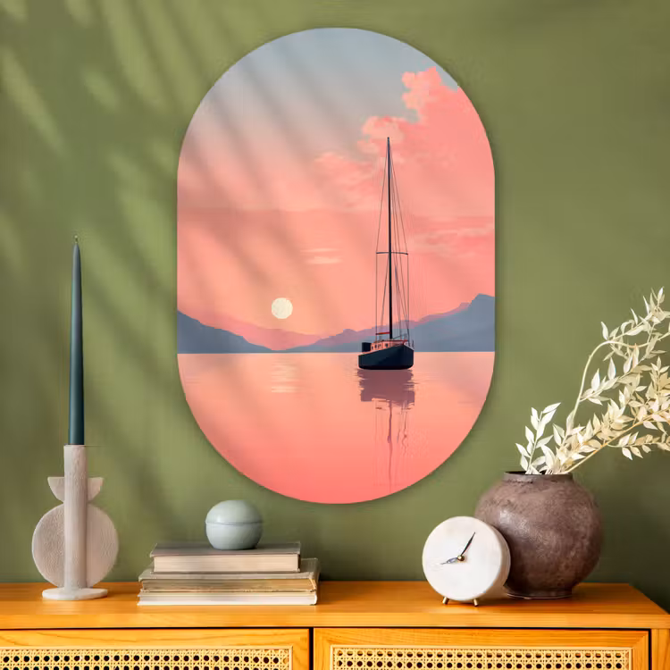 Muurovaal - Glas - Zeilboot - Roze zee - Zonsondergang - Bergen — 2