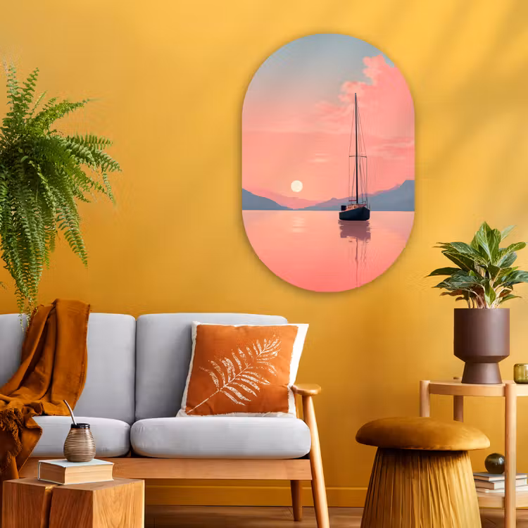 Muurovaal - Glas - Zeilboot - Roze zee - Zonsondergang - Bergen — 3