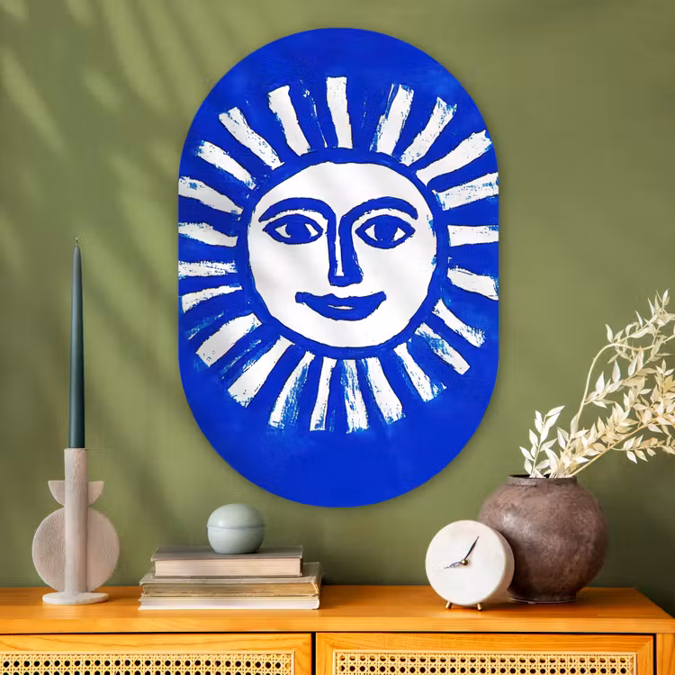 Muurovaal - Glas - Zon - Gezicht - Penseelstructuur - Blauw — 2