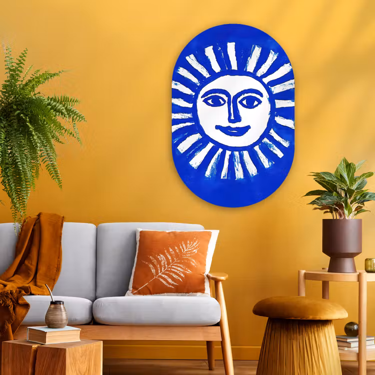 Muurovaal - Glas - Zon - Gezicht - Penseelstructuur - Blauw — 3