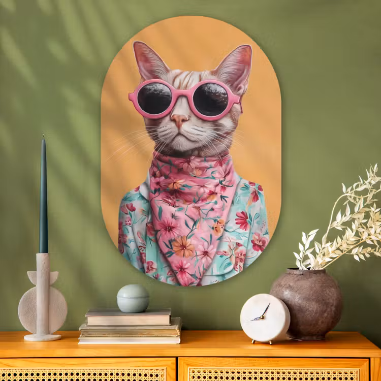 Muurovaal - Glas - Zonnebril - Kat - Sjaal - Bloemen — 2