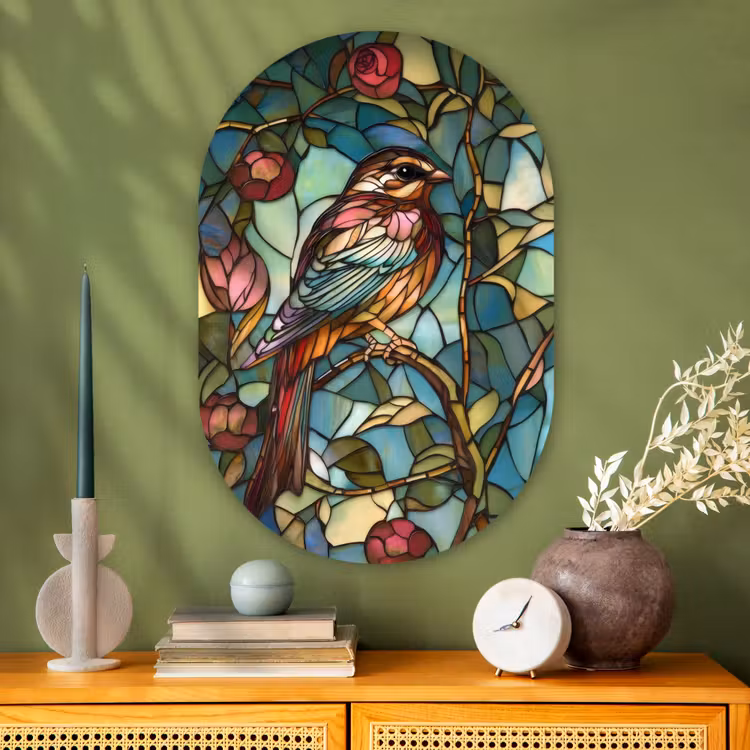 Muurovaal - Glas - Vogel - Tak - Rozen - Mozaïek — 2