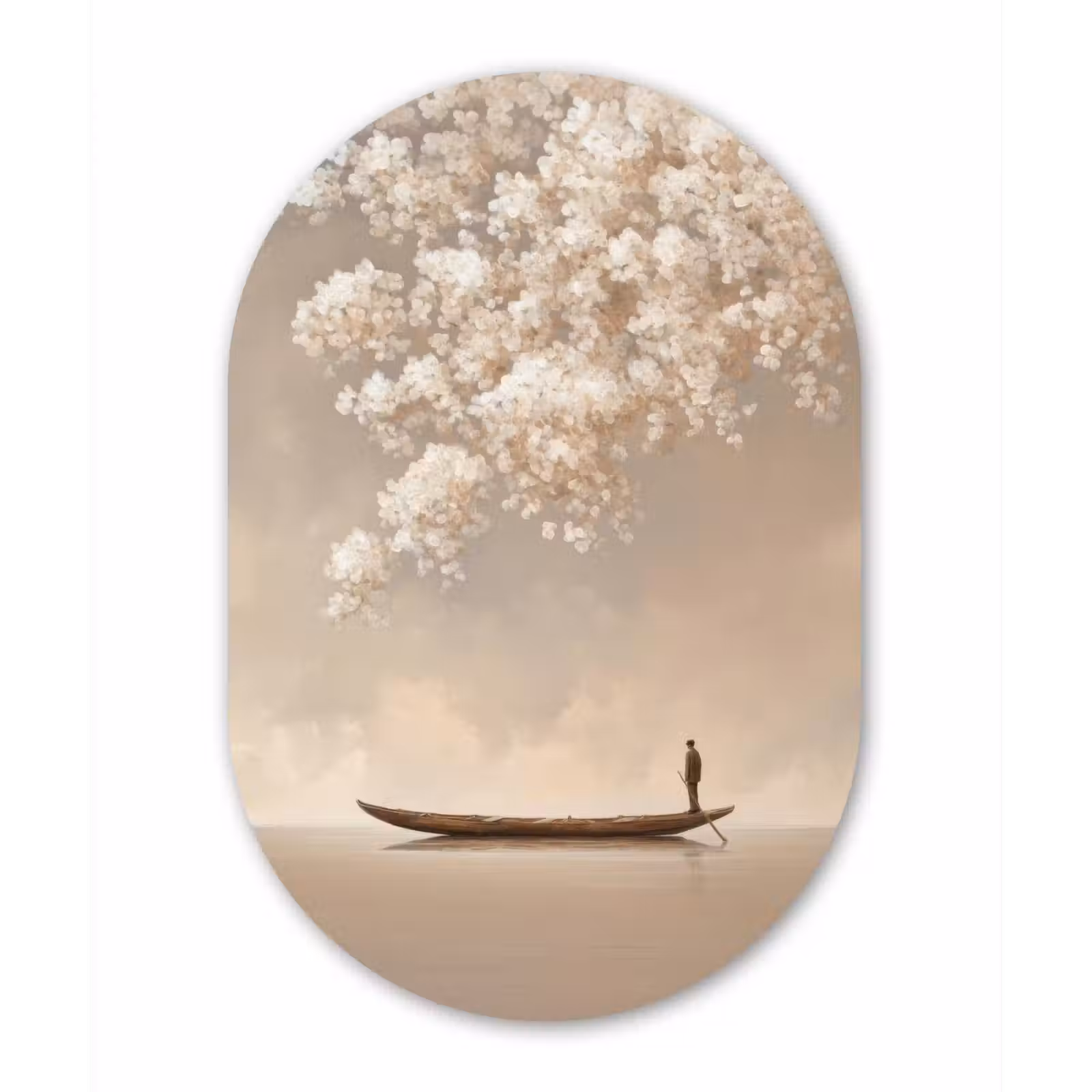 Muurovaal - Kunststof - Bloesems - Wit - Boot - Minimalistisch — 1
