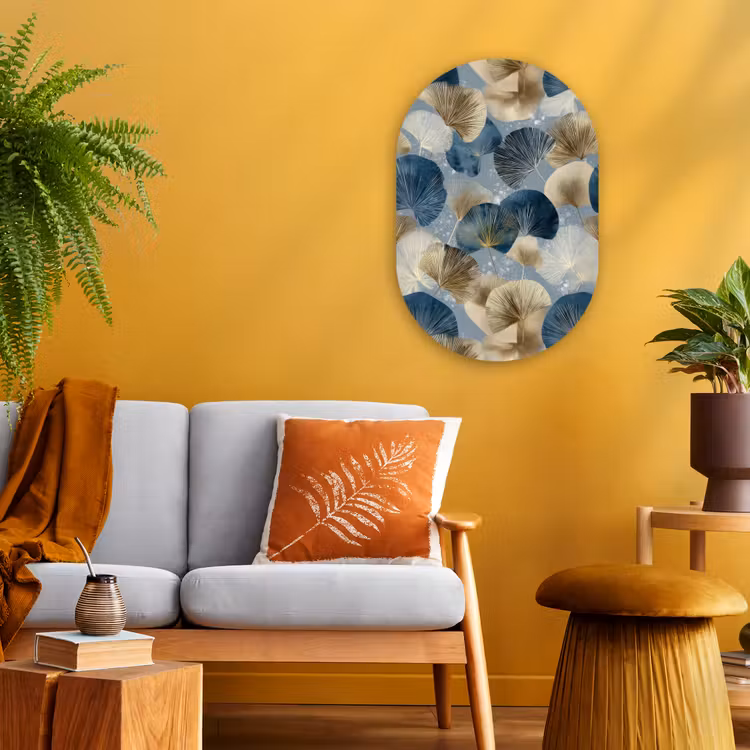 Muurovaal - Kunststof - Bladeren - Abstract - Goud - Blauw — 1
