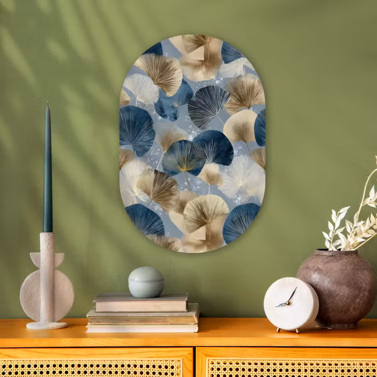 Muurovaal - Kunststof - Bladeren - Abstract - Goud - Blauw — 3