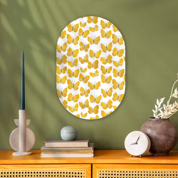Muurovaal - Kunststof - Vlinders - Botanisch - Illustratie - Geel - Wit — 1