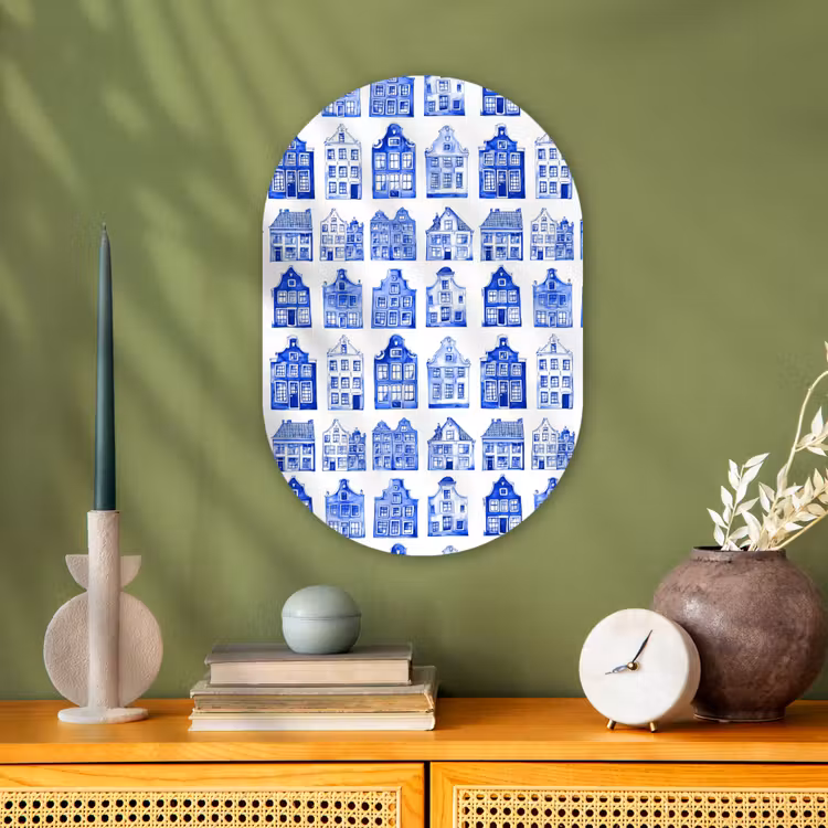 Muurovaal - Kunststof - Patroon - Huizen - Blauw — 2