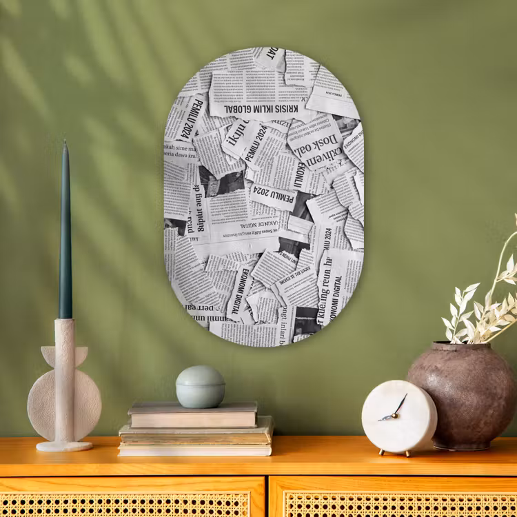 Muurovaal - Kunststof - Krant - Versnipperd - Textuur - Zwart-wit - Abstract — 2