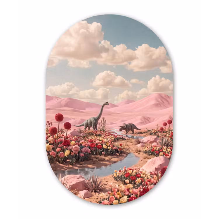 Muurovaal - Kunststof - Dinosaurus - Roze - Landschap — 1