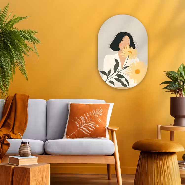 Muurovaal - Kunststof - Vrouw - Bloem - Geel - Minimalistisch — 1