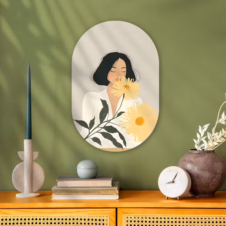 Muurovaal - Kunststof - Vrouw - Bloem - Geel - Minimalistisch — 2