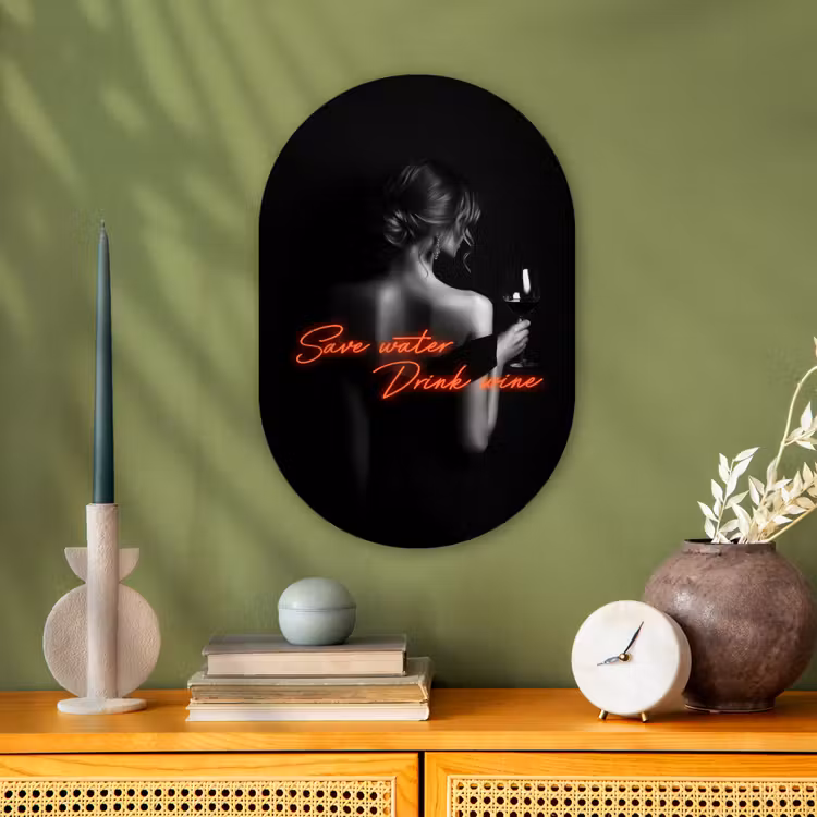Muurovaal - Kunststof - Wijn - Vrouw - Neon - Quote — 2