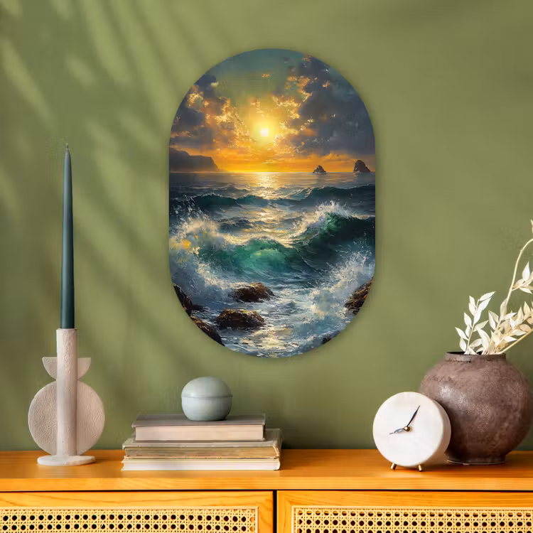 Muurovaal - Kunststof - Zee - Zon - Golven - Rotsen — 1