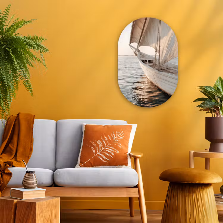 Muurovaal - Kunststof - Zeilboot - Zee - Beige - Zon — 1