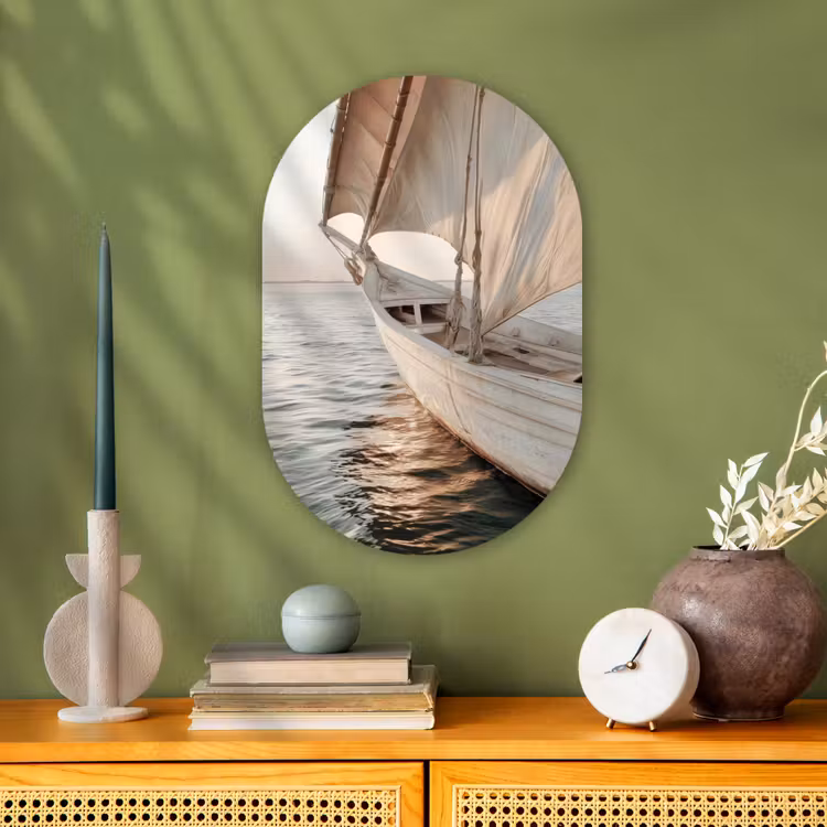Muurovaal - Kunststof - Zeilboot - Zee - Beige - Zon — 2